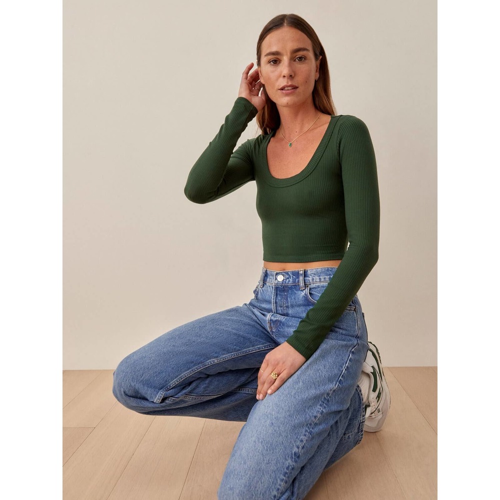 Reformation Forest green Paige Ribbed Cropped Long Sleeve Top